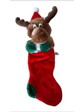 VTG A & A Plush 3D Christmas Stocking Moose With Santa Hat